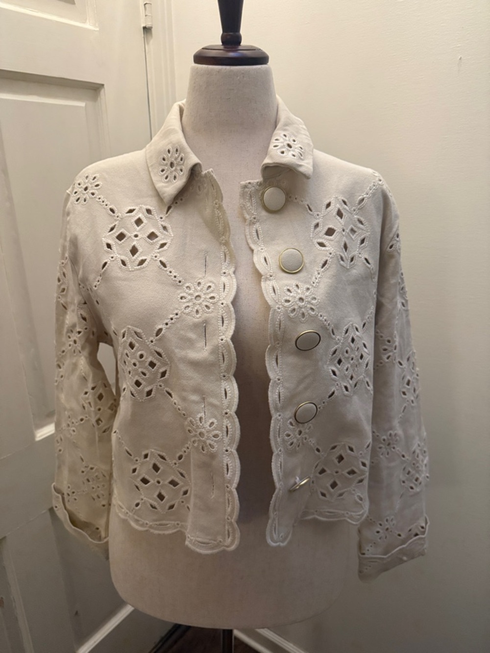 Women’s Cream Eyelet Cutout Jean Jacket - Scalloped Button Front